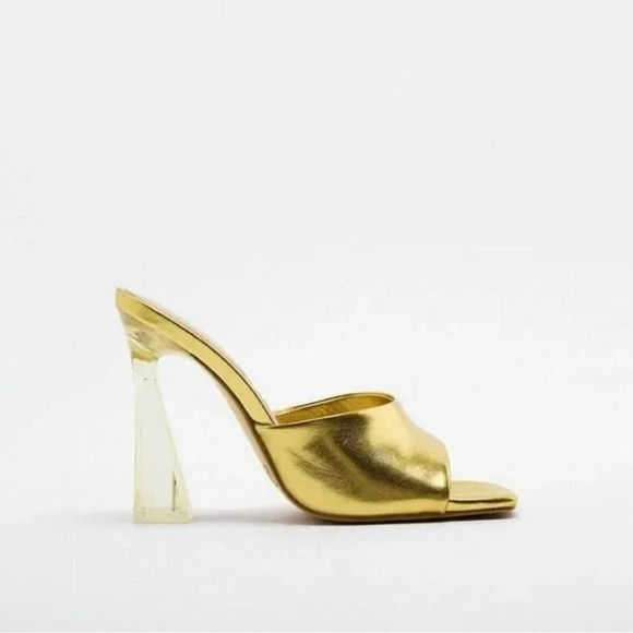ZARA Gold Methacrylate High Heel Open Square Toe Mules 3805 010 091 - SZ 40 / 9 - Picture 1 of 5